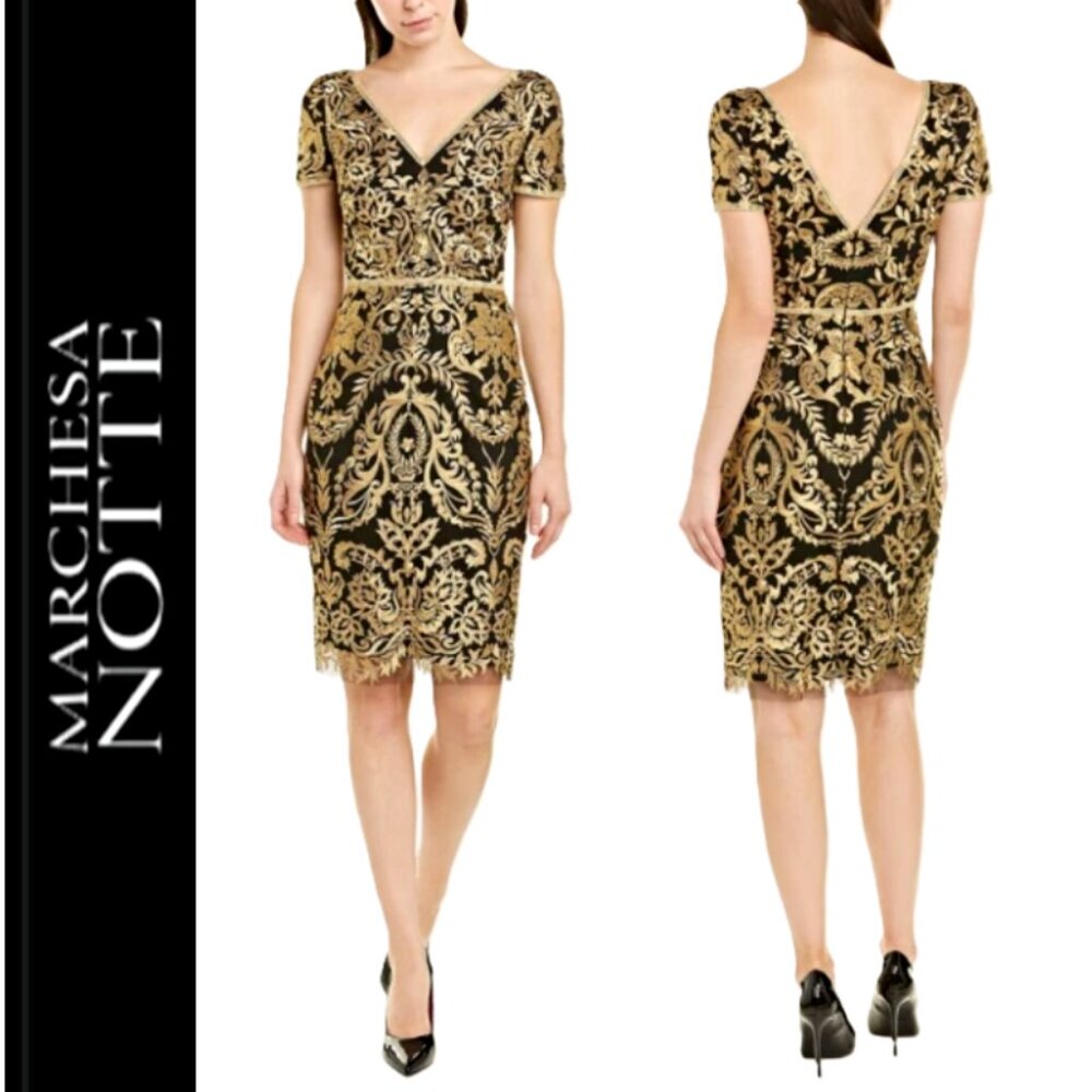 MARCHESA Notte Black Gold Floral Embroidered Lace Sheath Cocktail Dress 10 $645